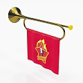 Brass Musical Instruments and Art Supplies Featuring Red Flag with Flame Emblem Design