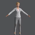Woman Wearing Gray Suit and Pink Blouse with Arms Outstretched Against Gray Background