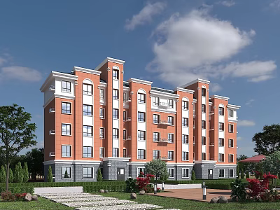 Modern Red And White Residential Building Exterior With Green Lawns And Trees 3d model