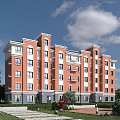 Modern Red And White Residential Building Exterior With Green Lawns And Trees