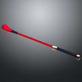 Red and Black Long Stick Weapon With Golden Accents And Black Handle