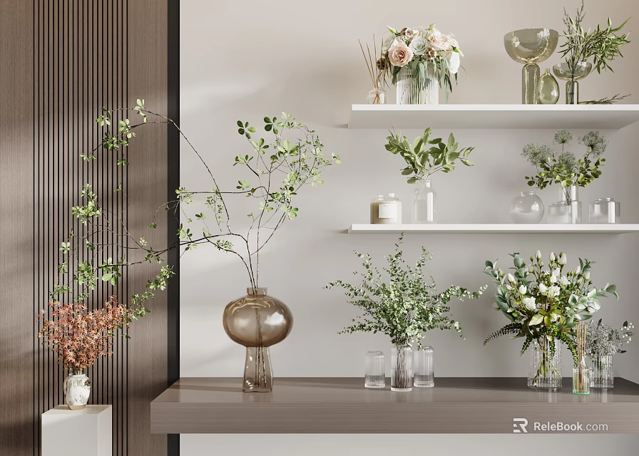 Stylish Vase Flowers Arrangement With Green Plants And Glass Vases On White Shelves And Tabletop 3d model 