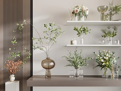 Stylish Vase Flowers Arrangement With Green Plants And Glass Vases On White Shelves And Tabletop 3d model