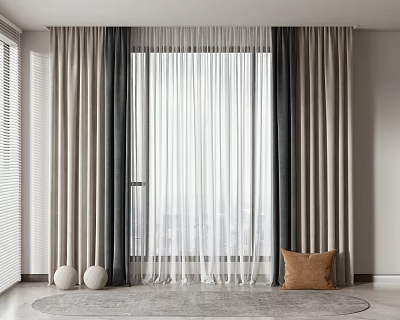 Modern Curtain Design With Sheer Layer Gray Beige Panels And Large Window View Decorative Balls 3d model