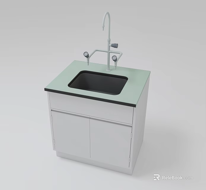 School Laboratory Lab Table With Green Countertop Black Sink And White Cabinets 3d model 