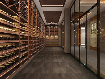 Luxurious Wine Cellar Interior With Wooden Wine Racks Long Corridor And Recessed Lighting 3d model