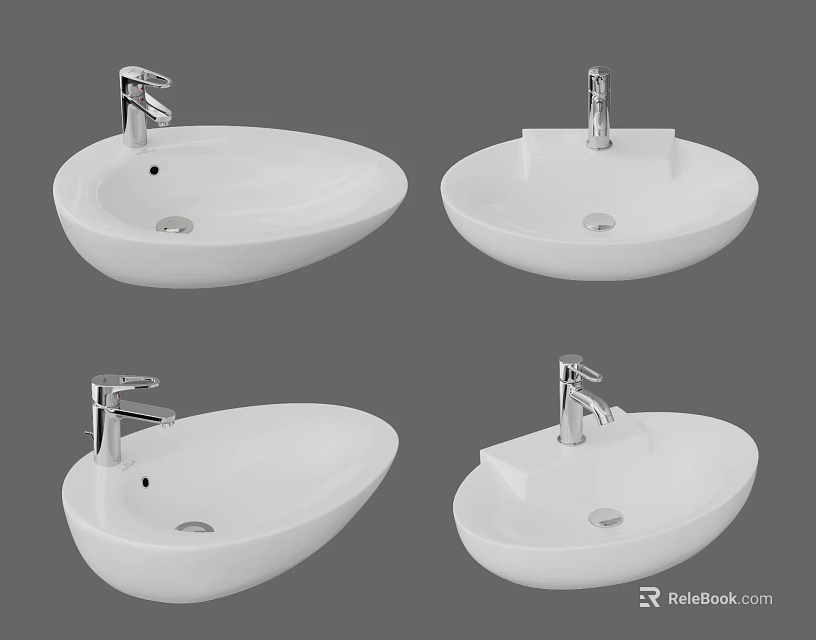 White Ceramic Washbasin With Chrome Faucet Shown In Different Angles 3d model