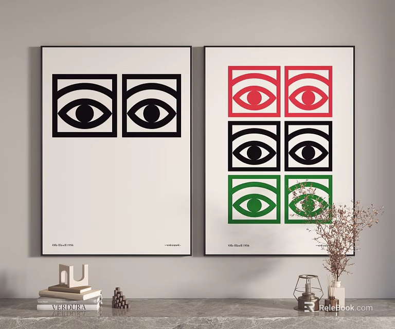 Abstract Eye Art Prints With Black Red Green Eye Designs And Decorative Elements 3d model