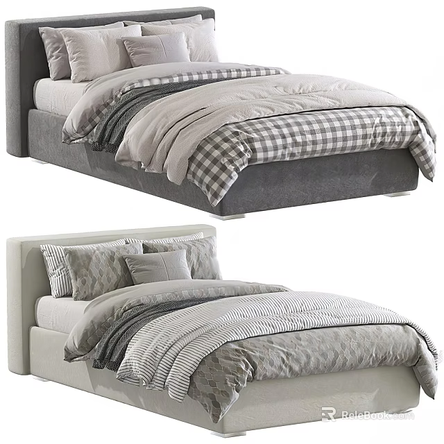 Modern Single Bed Design With Gray Beige Frames Plaid Striped Bedding And Pillows 3d model 