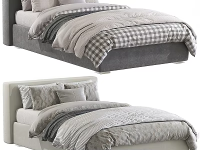 Modern Single Bed Design With Gray Beige Frames Plaid Striped Bedding And Pillows 3d model