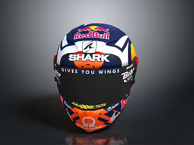 Racing Helmet As Protective Weapon With Red Bull Shark Logos And Orange Skull Design 3d model