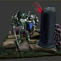 Man in Medieval Armor Holding Sword and Shield Near Burning Pillar with Stones and Bricks