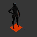 Futuristic Humanoid Robot Character With Metallic Body Blue Eyes And Red Accents On Black Background