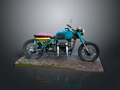 Vintage Motorcycle With Teal Green Body And Yellow Purple Seat On Display Base 3d model