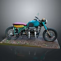 Vintage Motorcycle With Teal Green Body And Yellow Purple Seat On Display Base