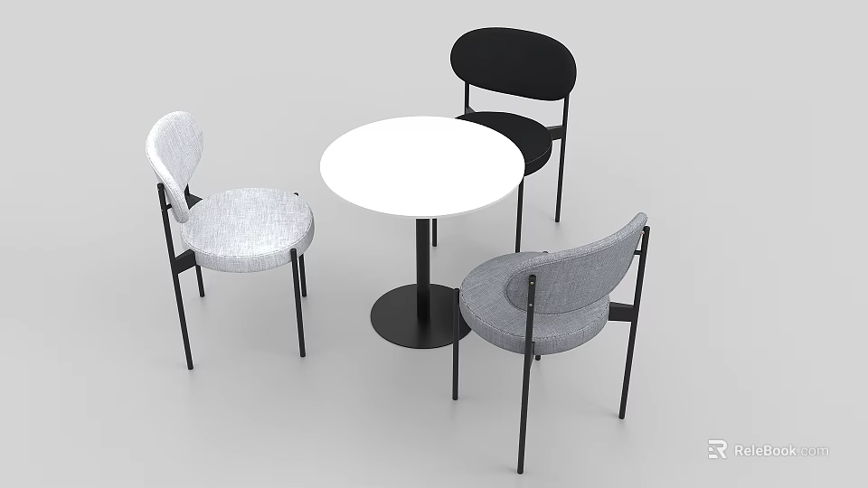 Modern Exhibition Tables and Chairs Round White Table with Gray Black Stylish Chairs 3d model 