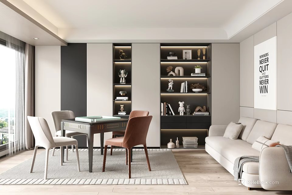 Modern Entertainment Room Interior With Sofa Bookshelves Table And Decorative Items 3d model