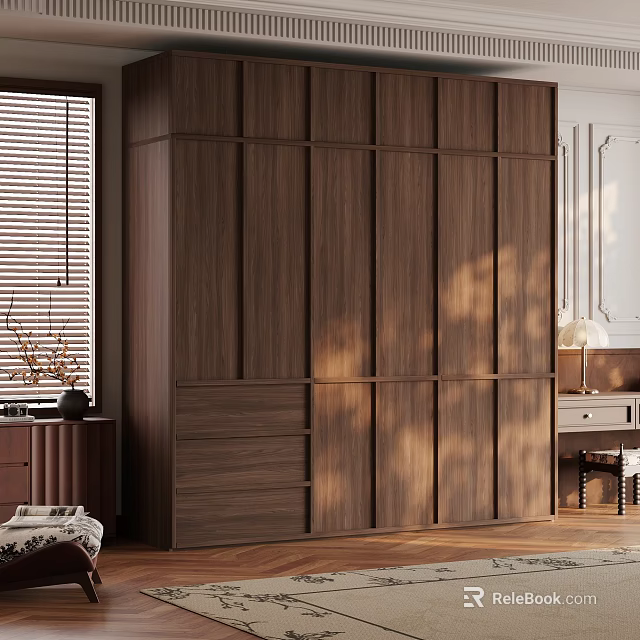 Modern Wooden Wardrobe with Sliding Doors Window Blinds Side Table Vase and Rug 3d model 