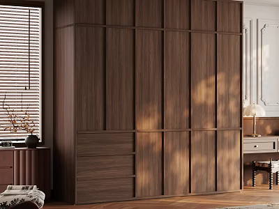 Modern Wooden Wardrobe with Sliding Doors Window Blinds Side Table Vase and Rug 3d model