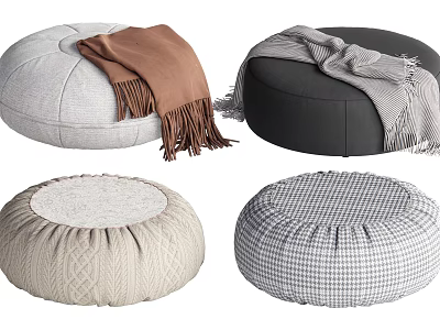 Textured Round Poufs In Gray Black Beige Checkered Designs With Blankets 3d model