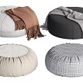 Textured Round Poufs In Gray Black Beige Checkered Designs With Blankets 3d model