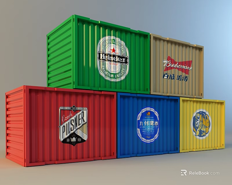 Colorful Industrial Shipping Containers In Green Red Blue Yellow Brown With Heineken Budweiser Pilsner Logos 3d model 