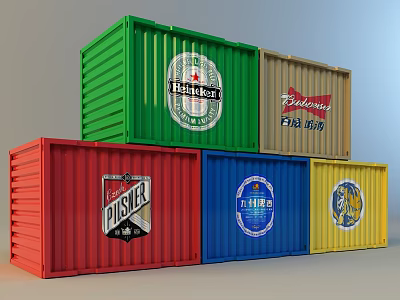 Colorful Industrial Shipping Containers In Green Red Blue Yellow Brown With Heineken Budweiser Pilsner Logos 3d model