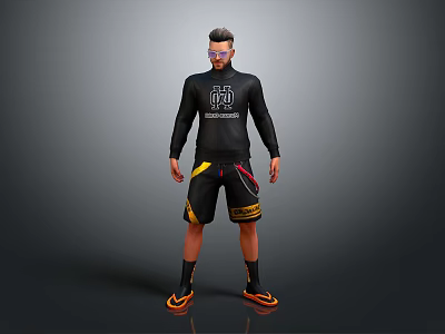 Man In Black Long Sleeve Shirt With Logo Colorful Shorts And Sneakers Wearing Glasses 3d model