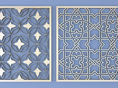 Elegant Carved Window Design With White Geometric Patterns On Light Blue Background 3d model