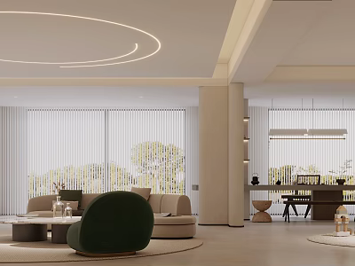 Modern Basement Interior Design With Open Layout Green Sofa Coffee Table And Ceiling Lights 3d model