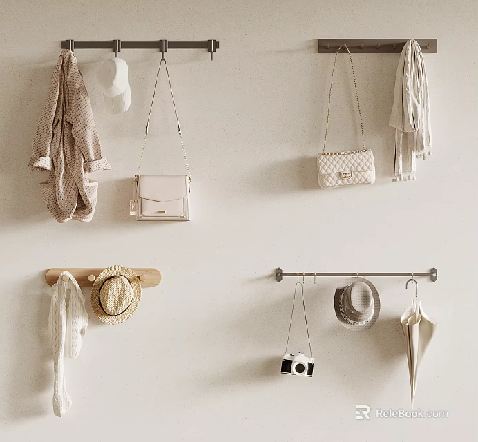 Stylish Clothes Hanging on Wall with Accessories Bags Hats Scarf and Camera 3d model 