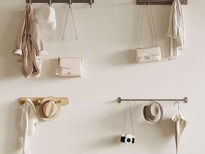 Stylish Clothes Hanging on Wall with Accessories Bags Hats Scarf and Camera 3d model