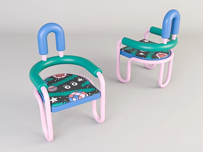 Colorful Kids Leisure Chairs With Blue Backrest Green Armrests Pink Legs And Cartoon Pattern Seats 3d model