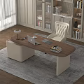Bright Modern Study Room Interior With Wooden Desk White Chair Bookshelves And Area Rug