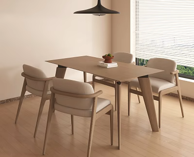 Modern Wooden Dining Table Set With Four Upholstered Chairs And Pendant Light 3d model