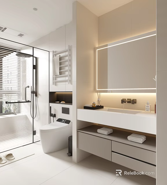 Modern Bathroom Interior Design With Shower Area Toilet Vanity Backlit Mirror And Storage 3d model 
