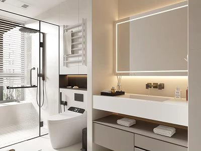 Modern Bathroom Interior Design With Shower Area Toilet Vanity Backlit Mirror And Storage 3d model