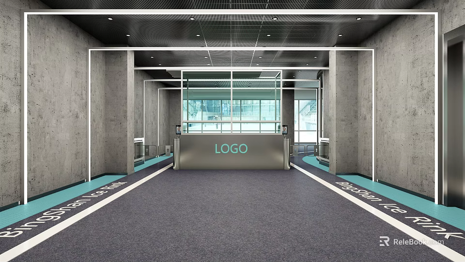 Modern Store Front Desk With Logo Gray Walls Glass Partitions And Carpet 3d model 