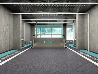 Modern Store Front Desk With Logo Gray Walls Glass Partitions And Carpet 3d model