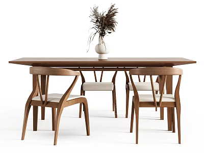 Wooden Dining Table And Chairs Set With Minimalist Design And White Vase Decoration 3d model