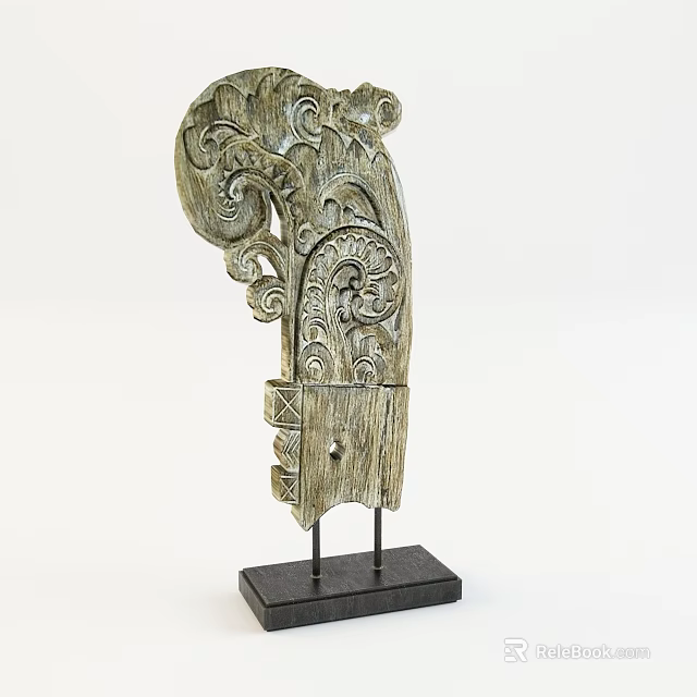 Vintage Wooden Decorative Ornament Set with Intricate Carvings and Black Stand 3d model 