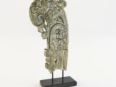 Vintage Wooden Decorative Ornament Set with Intricate Carvings and Black Stand 3d model