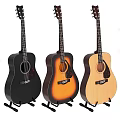Three Acoustic Guitars In Different Colors On Stands For Musical Instruments