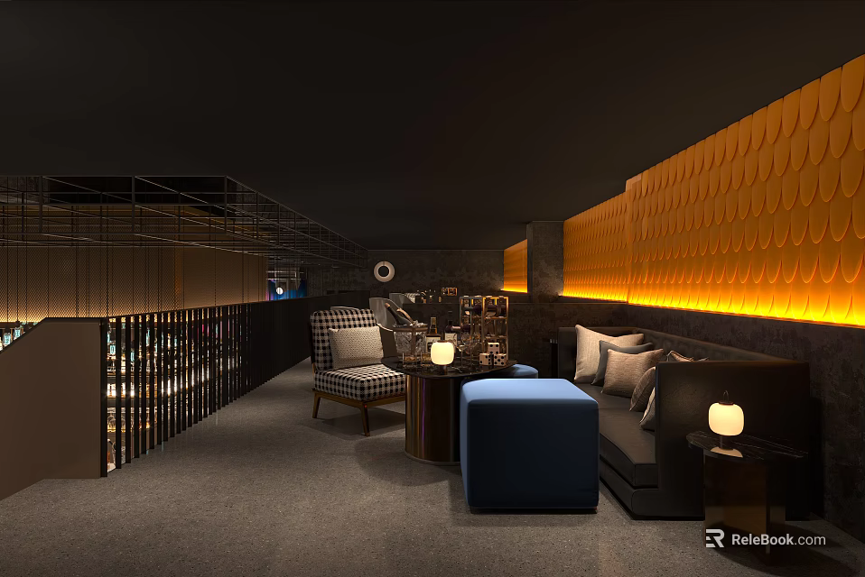 Elegant Bar Interior Design With Orange Circular Patterned Wall Warm Lighting Sofa And Armchair 3d model