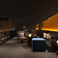 Elegant Bar Interior Design With Orange Circular Patterned Wall Warm Lighting Sofa And Armchair 3d model