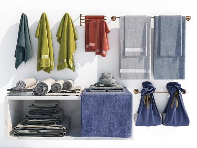 Colorful Towels Hanging On Towel Rack And Folded On Storage Shelf 3d model