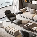 Modern Living Room Interior With Sofa Coffee Table Set Pillows Armchairs And Bookshelves