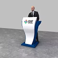 Modern Blue White Functional Desk With Logo For Innovation Festival Presentation Event
