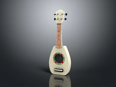 White Wooden Acoustic Ukulele Instrument with Tuning Pegs and Decorative Soundhole 3d model