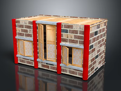 Cartoon Scene of a Brick House with Red Pillars Wooden Doors and Windows 3d model